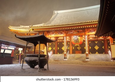 Japan Temple , Asakusa Sensoji At Snow Falling Time  