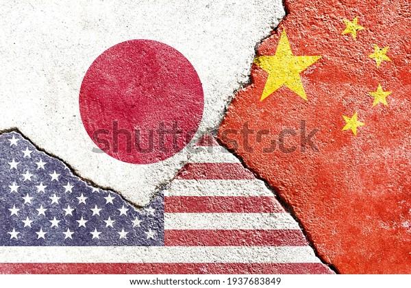 Japan VS China VS USA national flags icon
pattern on broken weathered cracked wall background, abstract Japan
China US country politics economy relationship conflicts concept
texture wallpaper