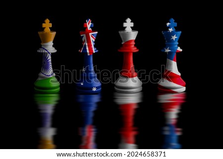 japan,australia,usa and india Quad plus countries flags. chess king.