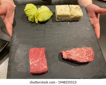 Japanese And Australian Wagyu Beef Showing On The Teppanyaki Plate