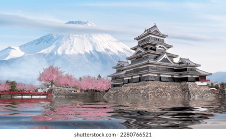 japanese castle in tokyo with cherry blossom, Fuji mountain blue sky and reflec of castle in river , Tokyo city, Japan