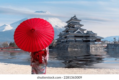 japanese castle in tokyo with cherry blossom, traveller woman in Kimono traditional dress, Fuji mountain blue sky and reflec of castle in river , Tokyo city, Japan
