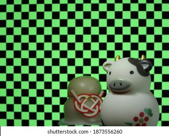 Japanese Checkered Pattern And Zodiac Signs, Cows And Rice Cakes