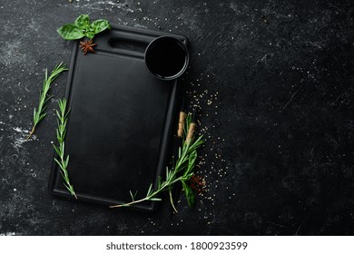 Japanese Cooking Background. Vegetables And Spices On The Kitchen Table. Top View. Rustic Style.