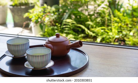 Japanese Countryside Landscape. Green Tea And Teapot On The Porch Of Japan.