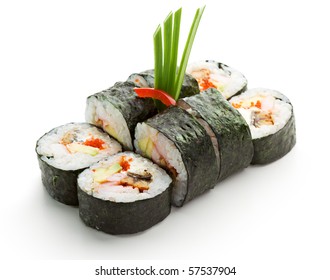 Japanese Cuisine - Sushi Roll with Shrimps and Conger, Avocado, Tobiko and Cheese