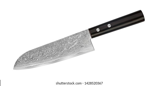 Japanese Damascus steel knife on white background. Chief knife isolated with clipping path. Top view.