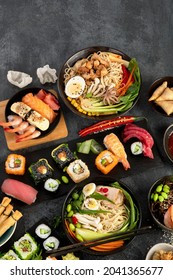 Japanese dishes and snacks on gray background. Traditional food concept. Top view, flat lay, copy space - Shutterstock ID 2041365677