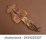 Japanese dried squid photographed on a brown background