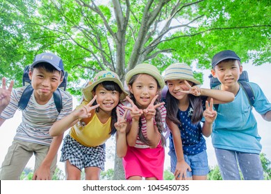 Japanese elementary school students to rest in the shade of a tree