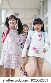 Japanese Elementary School Students Walking Down The Hall