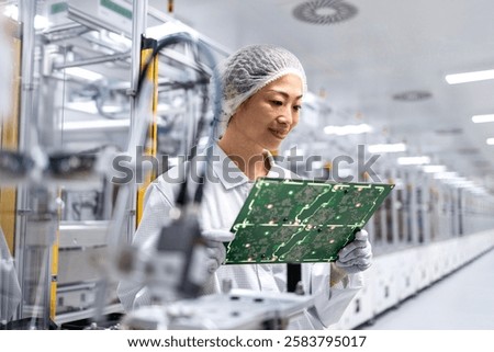 Japanese engineer expert checking quality of electronics product in factory production line.
