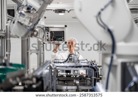 Japanese engineer working in advanced technology factory. Production of computer chips in electronics industry. Robotic arm machines in background.