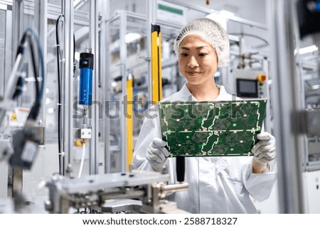 Japanese engineer working in advanced technology factory and controlling quality of printed circuit board for electronics industry.