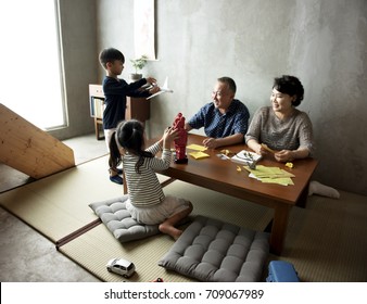 Japanese family dining together with happiness