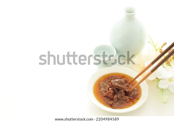 Japanese food,\
braised horse meat with Saki\
