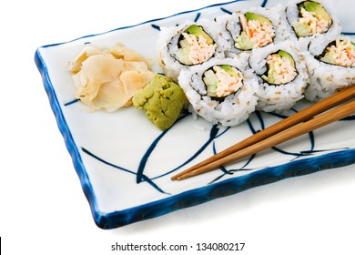 Japanese Food - California Roll Served With Wasabi And Ginger.  White Background
