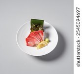 Japanese food, Hamachi sashimi on white background.