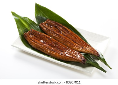 Japanese Food Roast Eel ( Unagi ) On Bamboo Grass