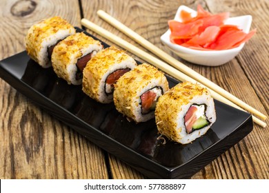 Japanese Food Rolls With Fish And Avocado. Studio Photo