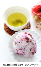 Japanese Food, Sakura And Shiso Herbal Rice Ball For Sping Image