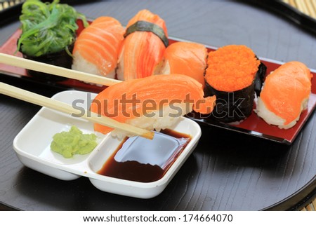 Japanese food/ salmon,shrimp,seaweed sushi in the tray