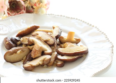 Japanese Food, Sliced Shiitake Mushroom And Garlic Sauteed