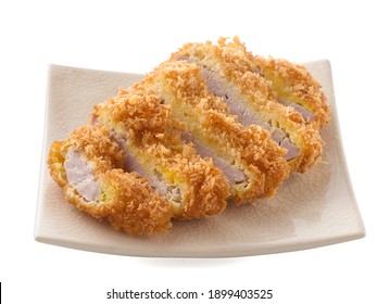 Japanese food, Tonkatsu pork deep fried with bread crumbs cutlet on white background.