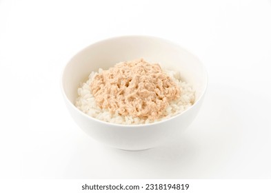 Japanese food, Tuna Mayo Don,Tuna mayonnaise with rice in a white bowl on white background
