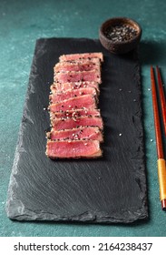 Japanese Food. Tuna Tataki. Raw Tuna Sashimi On Black Board