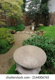 Japanese Garden Corner With Landscape Design, Lantern, Groundcover Plants, Trees And Bamboo Fence