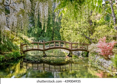 Japanese Garden at Hately Castle (Royal Roads University) Victoria BC, Canada. View of a small foot bridge.