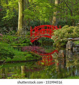 Japanese Garden With Red Bridge, Den Haag, Holland