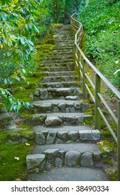 Japanese garden stone staircase covered in moss and surrounded by green foliage