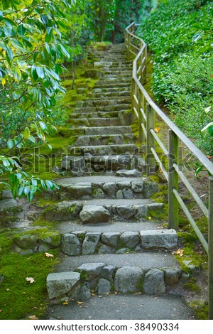 Japanese garden stone staircase covered in moss and surrounded by green foliage
