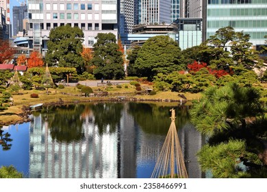 Japanese garden in Tokyo city. Kyu Shiba Rikyu Garden. - Shutterstock ID 2358466991