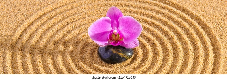 Japanese Garden With Yin Yang Stone In Textured Sand