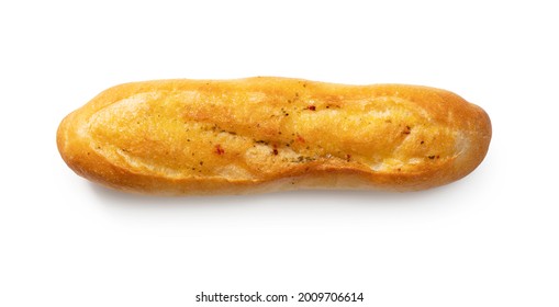 Japanese Garlic Toast Placed On A White Background. Bread With Garlic Oil Smeared On The Baguette.View From Directly Above.