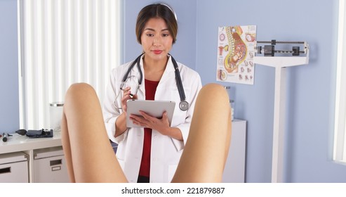 Japanese Gynecologist Examine Patient In Hospital Exam Room