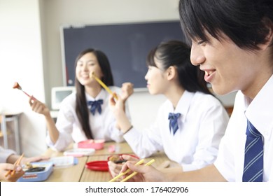 Japanese High Students Eating Packed Lunch