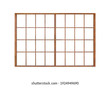 Japanese house wooden door window frame isolated on white background