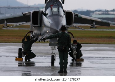 Japanese jet fighter F-1 at rainy Tsuiki Airbase