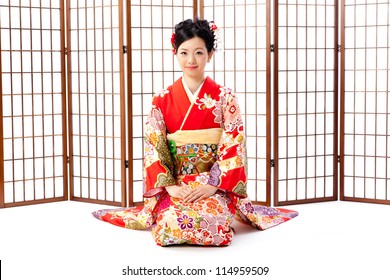 Japanese Kimono Woman With Shoji Door