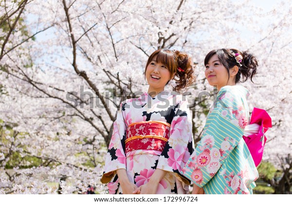 japanese kimono women and cherry blossom