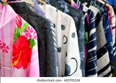 Japanese Kimonos On Display In A Clothing Shop In Tokyo Japan. No People. Copy Space