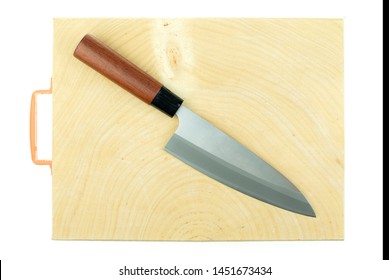 Japanese Kitchen Deba Knife And Wood Butcher Block Countertop On White Background