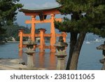 Japanese landscape of O-torri gate (Floating Torri Gate) at high tide