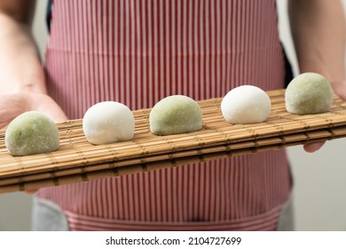 Japanese Matcha And Original Flavor Mochi Or Daifuku Dessert On A White Serving Plate