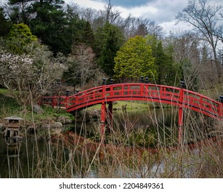 Japanese Meditation Garden  With Red Bridge In Duke Farms