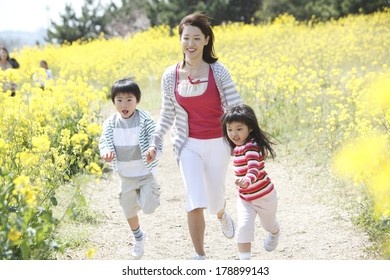 Japanese mother and children running in a rapeseed field